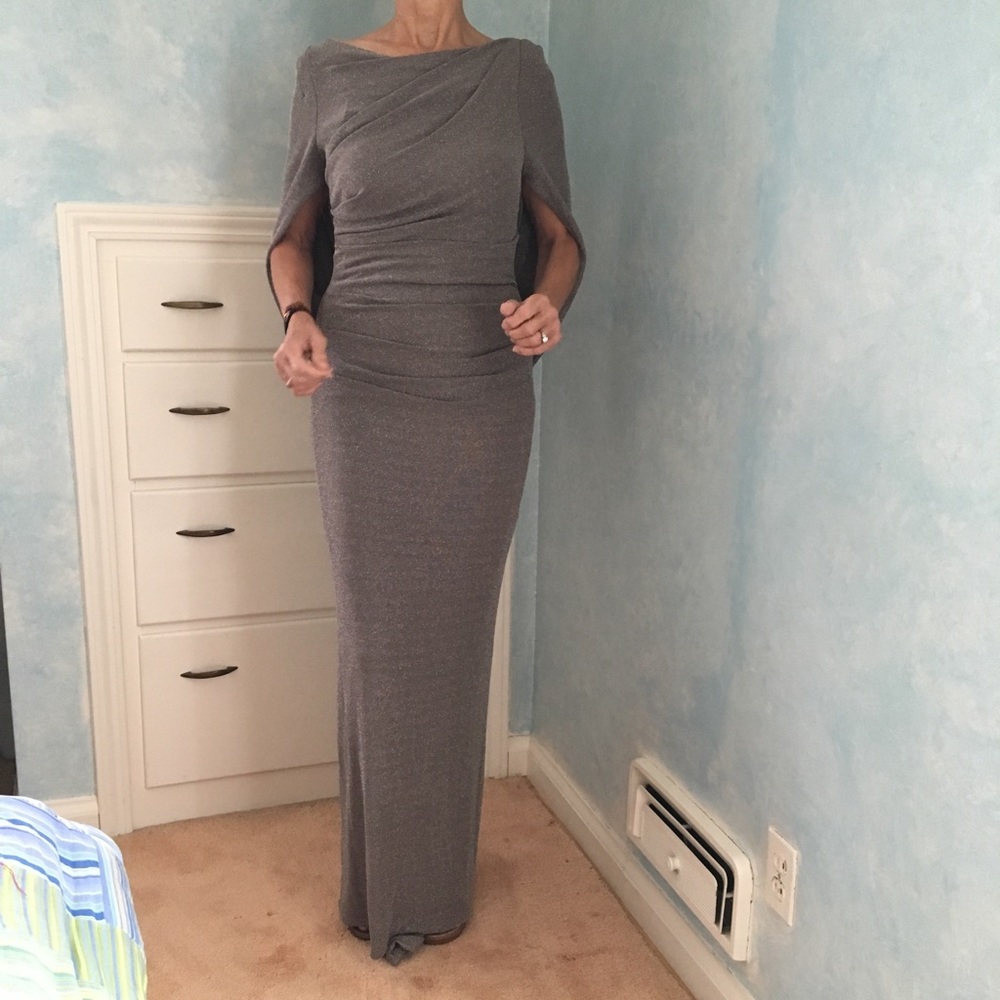 Taupe colored Betsy & Adam evening gown